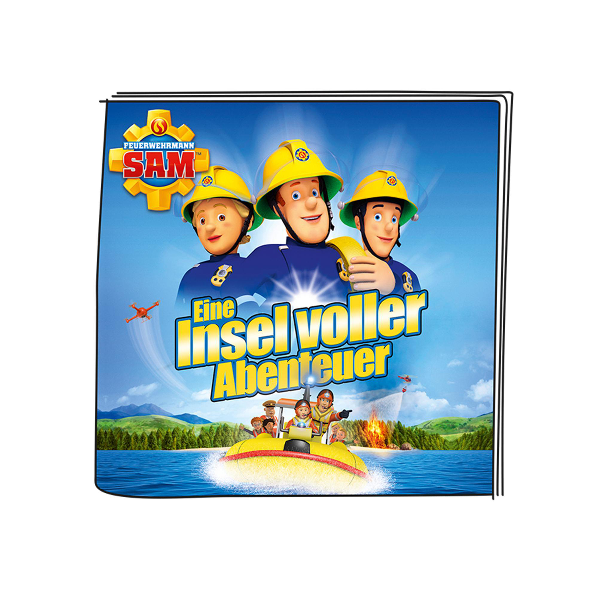 Filmplakat mit drei Cartoon-Feuerwehrleuten auf einem Boot, Inselansicht.