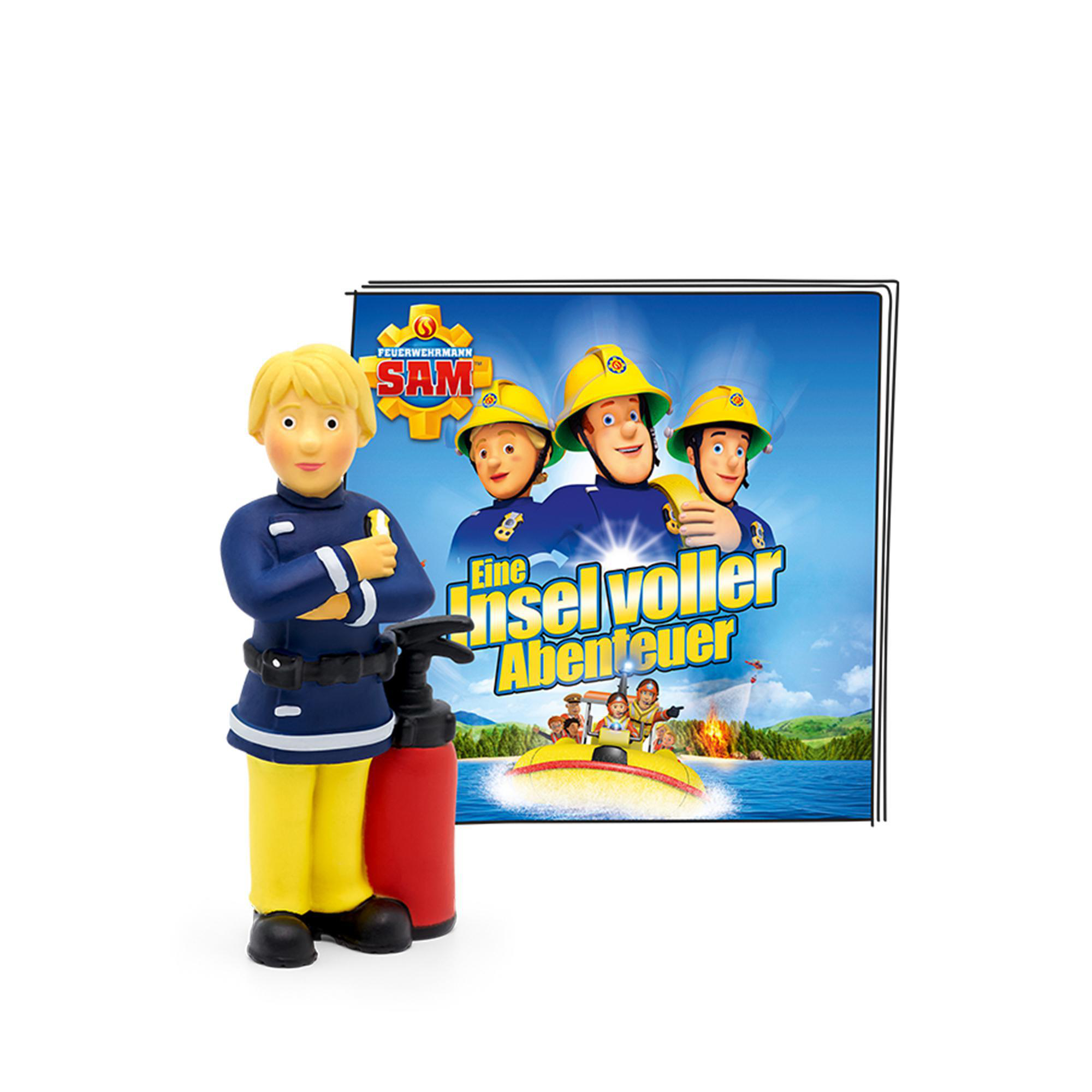 Spielzeug-Feuerwehrmann und ein Buchcover. Deutscher Text, Cartoon-Feuerwehrmänner und ein Boot.