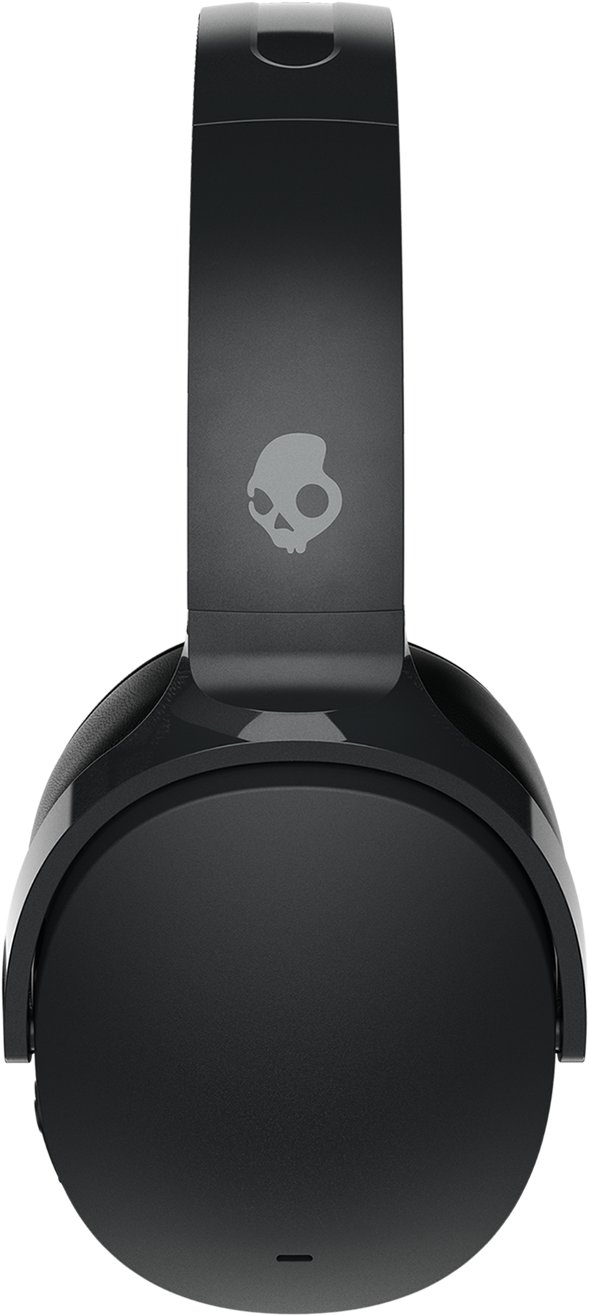 Black headphones with a skull logo. The headband is extended.