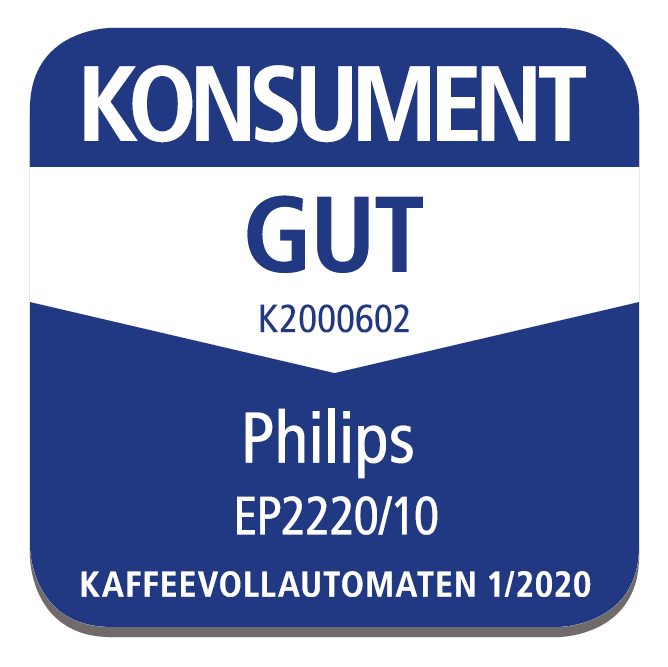 Blaues und weißes Quadrat mit Text: KONSUMENT GUT, Philips EP2220/10, Kaffeemaschine.