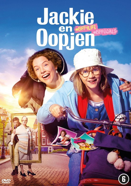 Filmposter van twee vrouwen op een fiets. Tekst zegt "Jackie en Oopjen" en "BFF4LIFE".