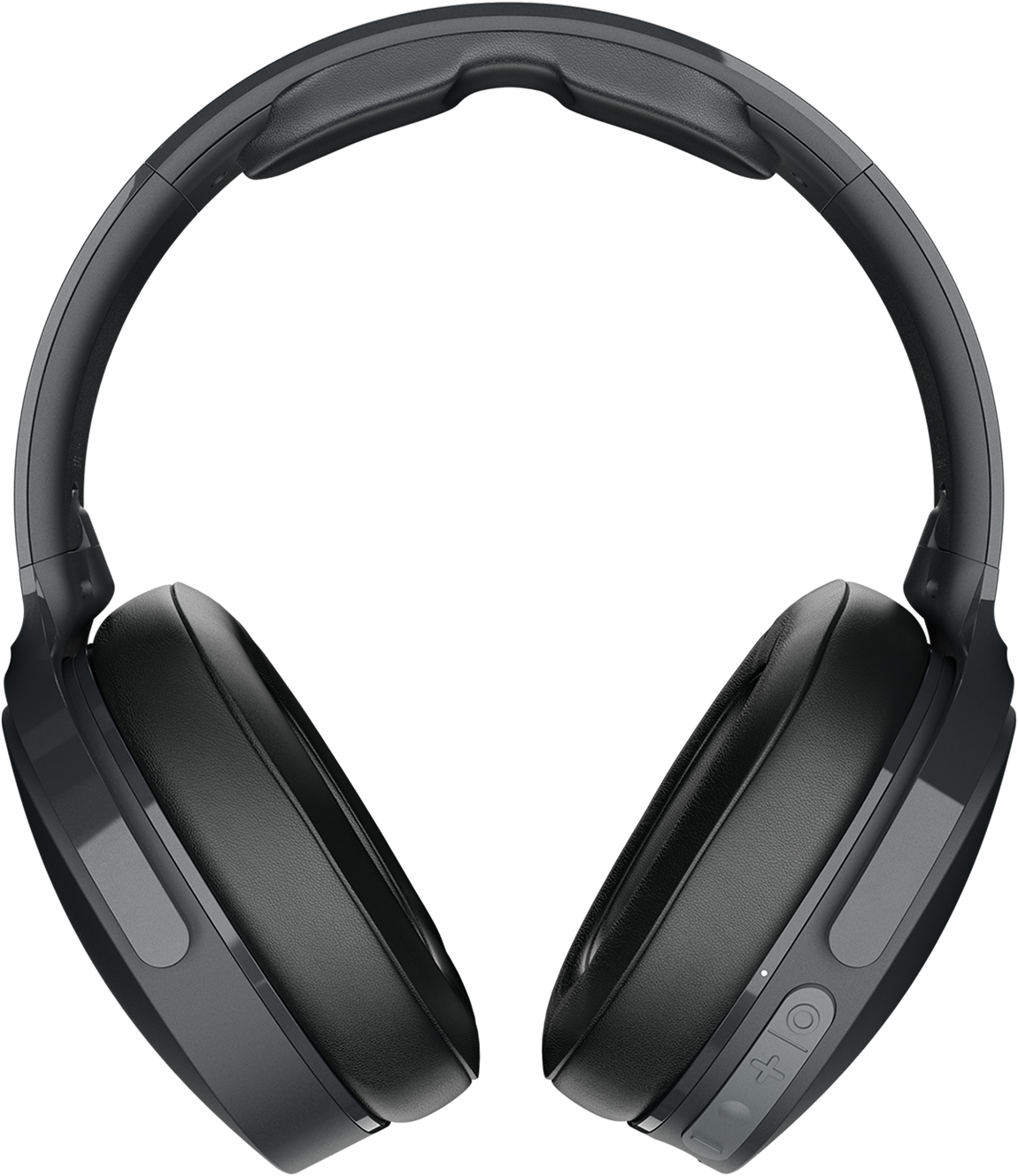 Black headphones, overhead view, on black background.