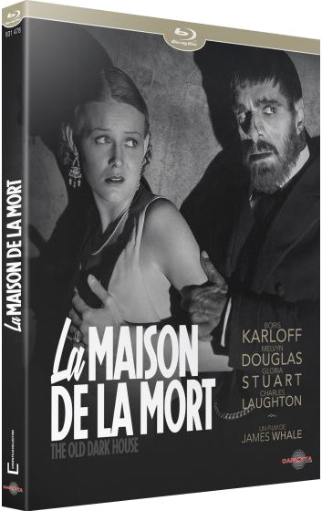 Couverture de film en noir et blanc. Un homme saisit une femme. Titre : La Maison De La Mort.