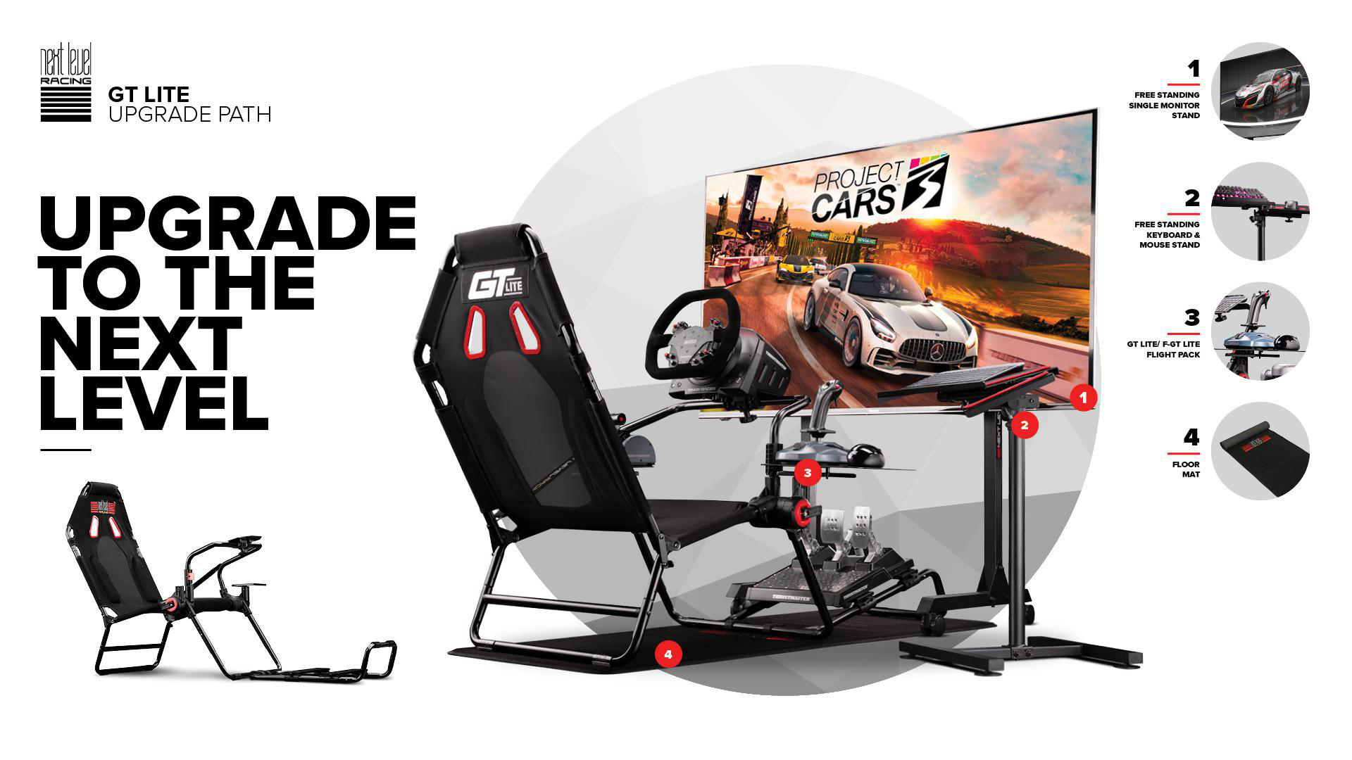 Gaming-Setup mit Rennsitz, Bildschirm und Zubehör. Text: Auf das nächste Level upgraden.