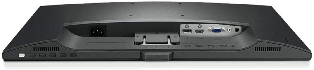 Rückseite eines schwarzen Monitors mit verschiedenen Eingangsanschlüssen und Stromeingang.