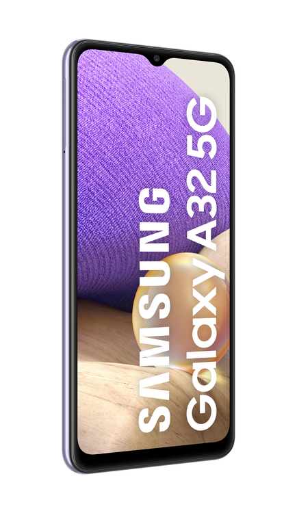 Teléfono morado con pantalla que muestra texto: 'SAMSUNG Galaxy A32 5G'.