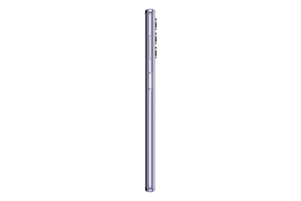 Un perfil lateral de un smartphone morado con botones y una cámara.