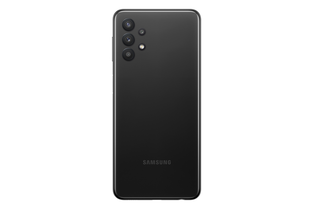 Parte trasera de un teléfono inteligente negro con cámaras y el logo de Samsung.