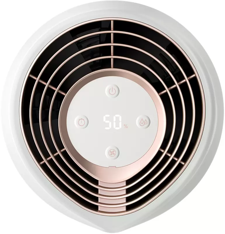 Purificateur d'air blanc et or rose. Il a un design circulaire.