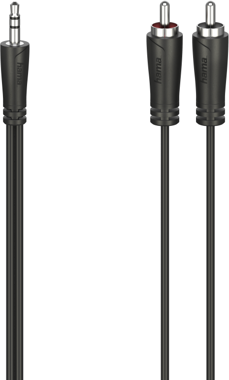 Twee zwarte audiokabels, één met een 3,5 mm jack en de andere met twee RCA-connectoren. Beide hebben 'hama' erop.