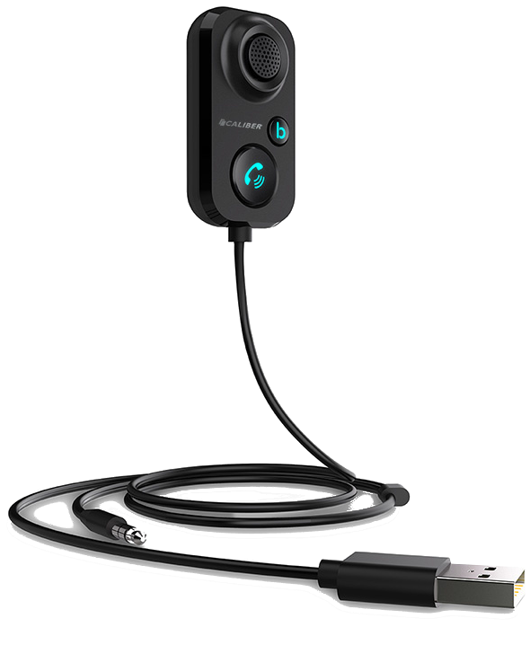 Zwarte Caliber Bluetooth car kit met een microfoon en een USB-kabel. Een blauw telefoonicoon is zichtbaar.