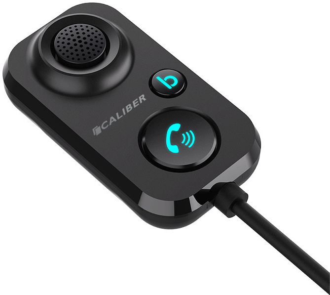 Zwart Caliber-apparaat met twee knoppen en een microfoon.