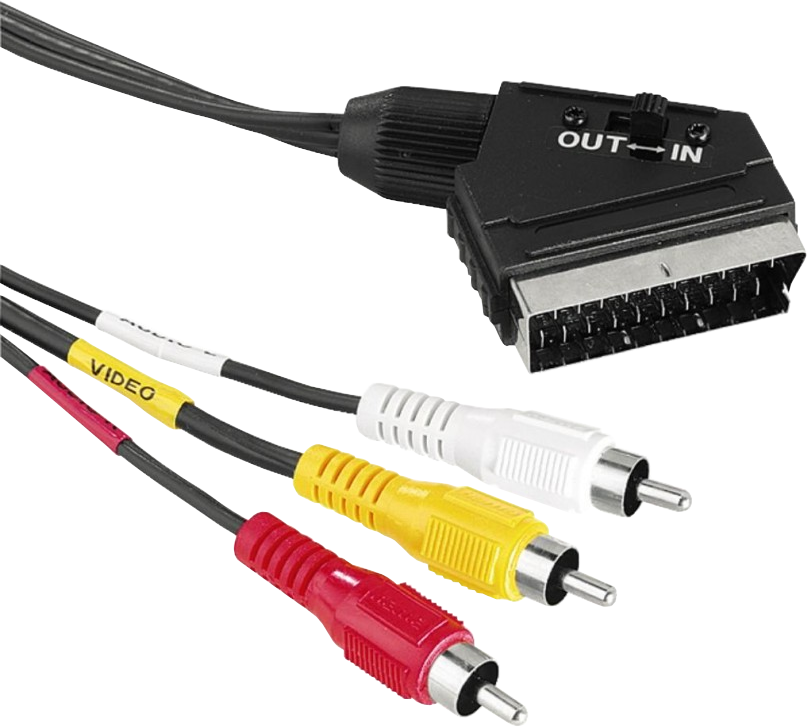 SCART-kabel met drie RCA-connectoren: rood, geel en wit. De connectoren zijn zichtbaar.