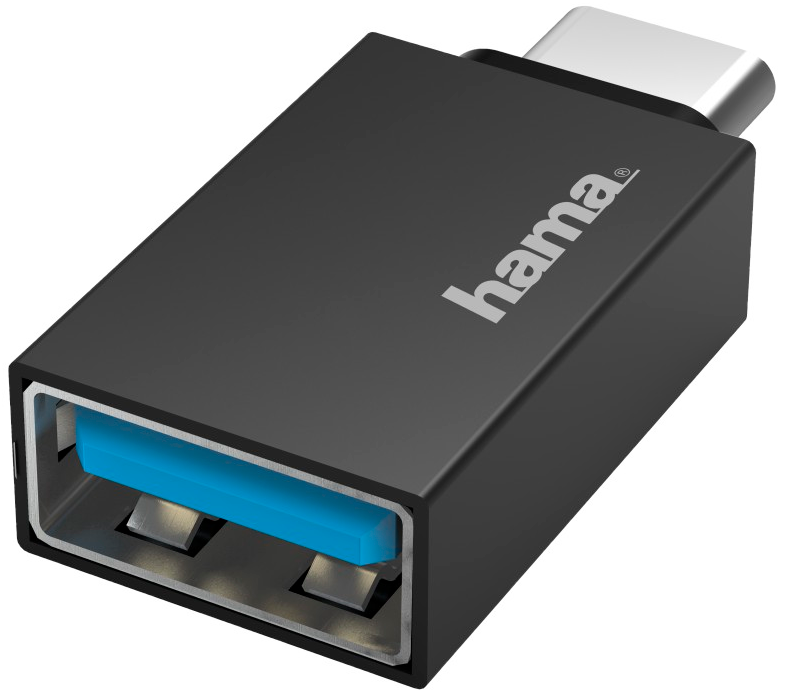 Een zwarte USB-C naar USB-adapter, met een blauwe USB-poort. Het Hama-logo staat op de zijkant.