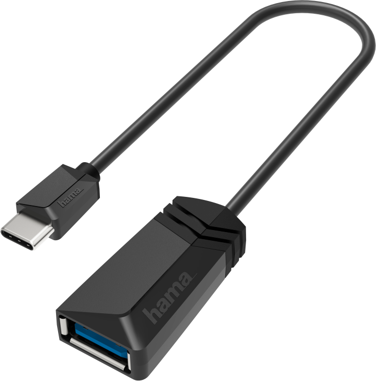 Adaptateur USB-C vers USB noir. Boîtier noir, port USB-C et port USB.