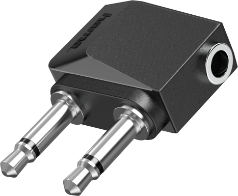 Zwarte audio-adapter met twee zilveren stekkers en een enkele jack-ingang.