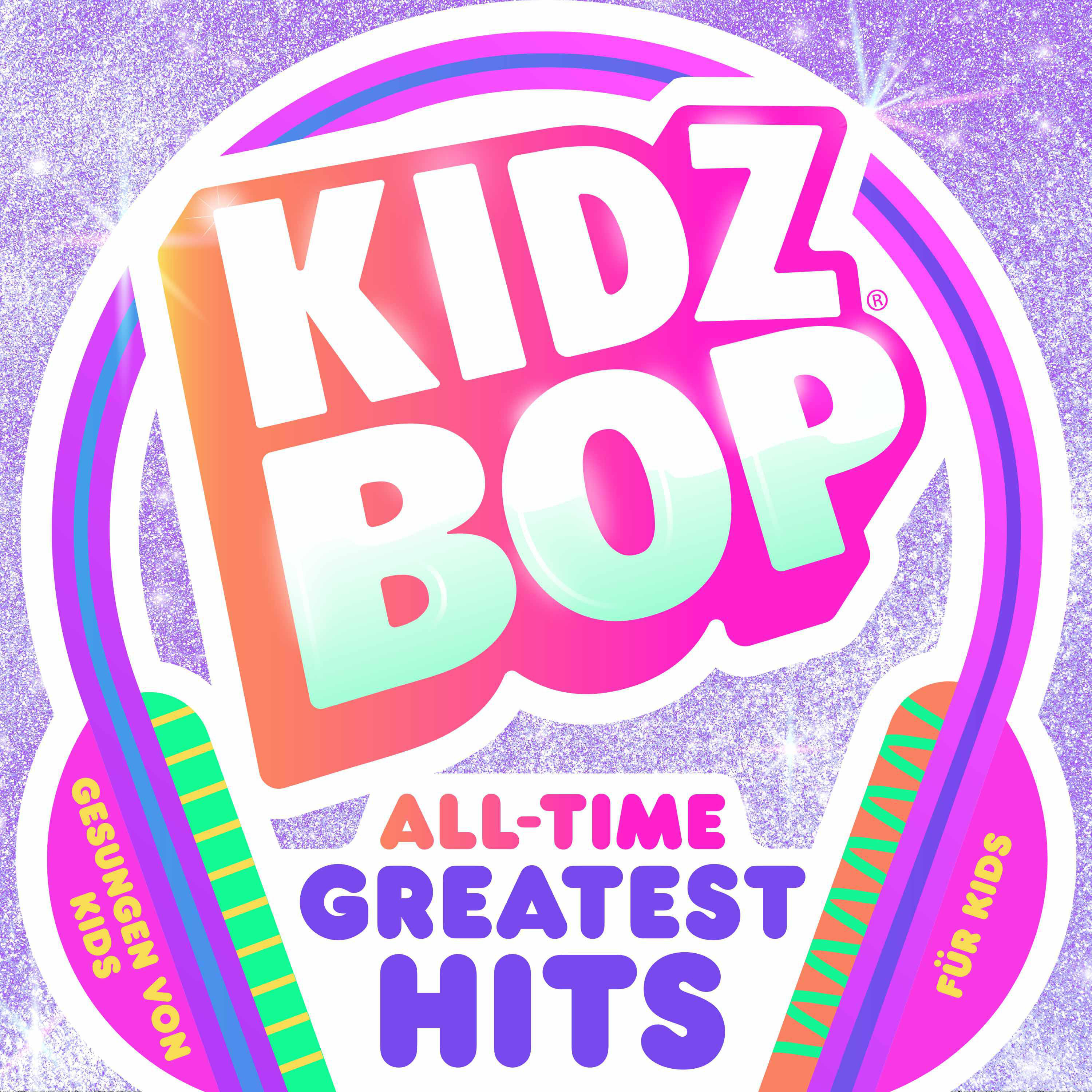 Kidz Bop Albumcover mit buntem Logo und Text, glitzernder Hintergrund.