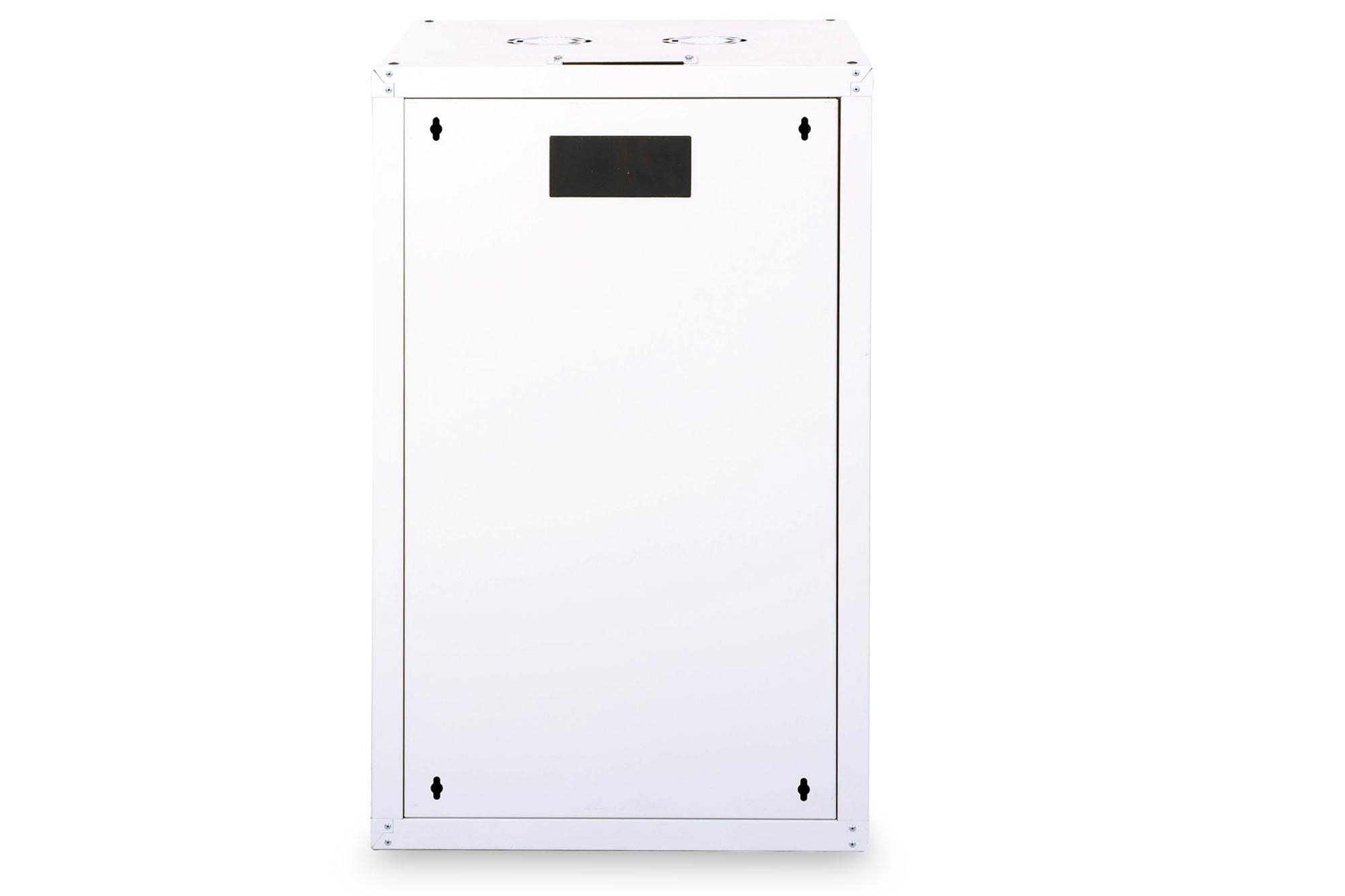 Ein weißer, rechteckiger Netzwerkschrank mit schwarzem Panel oben und weißem Hintergrund.