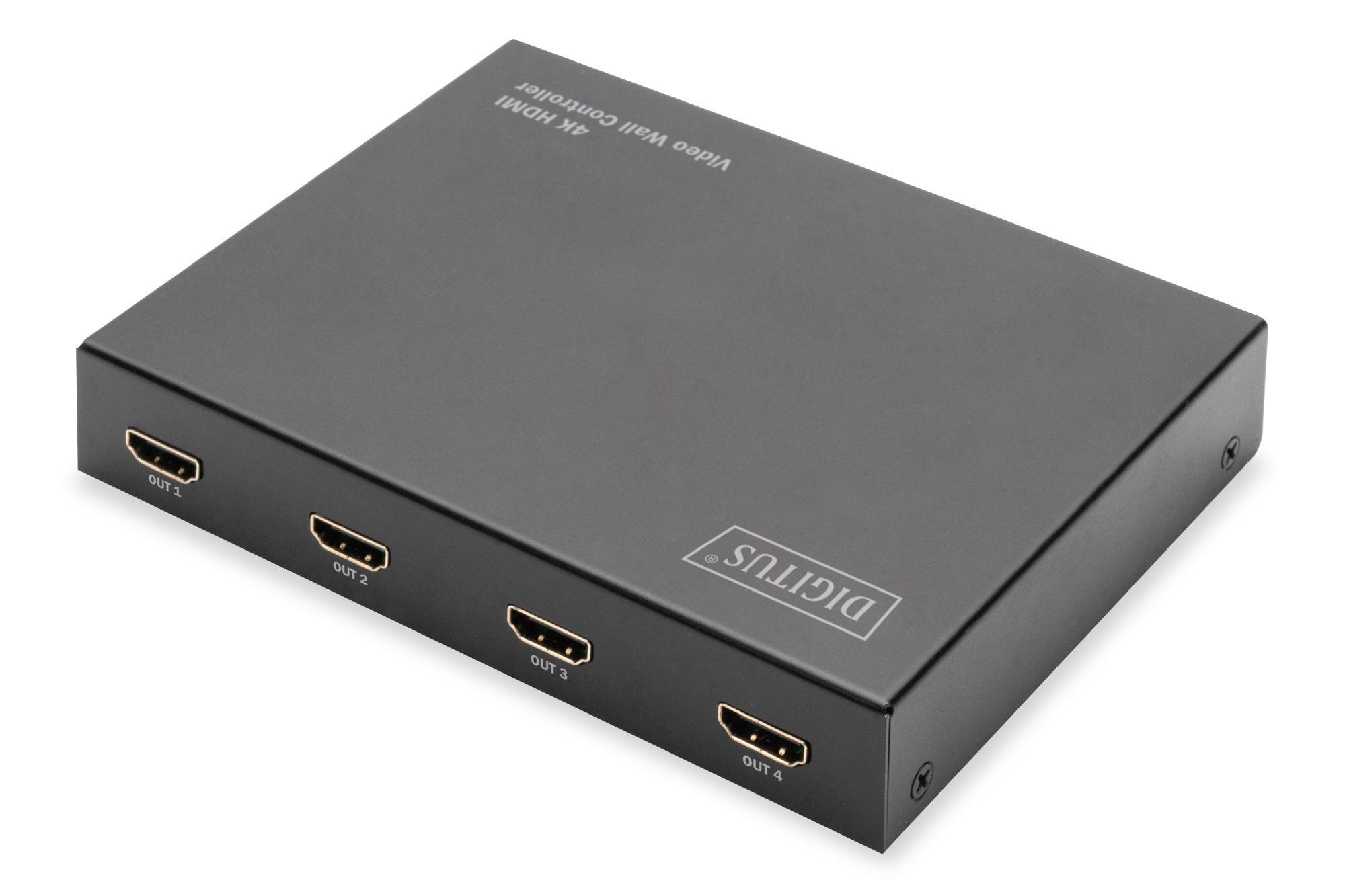 Schwarzer 4K HDMI Video Wall Controller mit vier HDMI-Ausgangsanschlüssen.