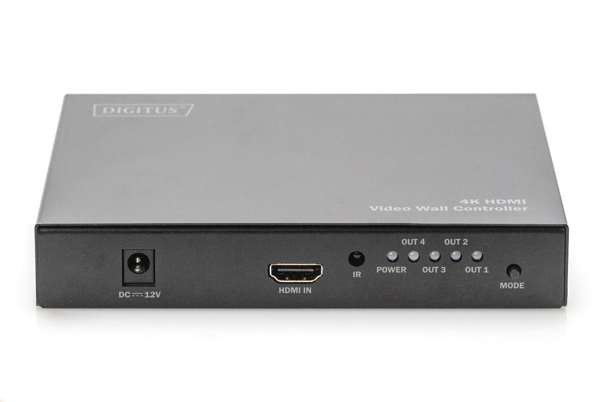 Schwarzer HDMI Video-Wall-Controller mit Anschlüssen und Beschriftungen auf weißem Grund.