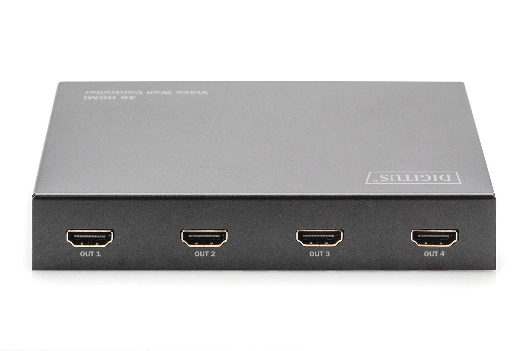 Schwarzer HDMI-Videowand-Controller mit vier Ausgangsanschlüssen, beschriftet OUT 1-4.
