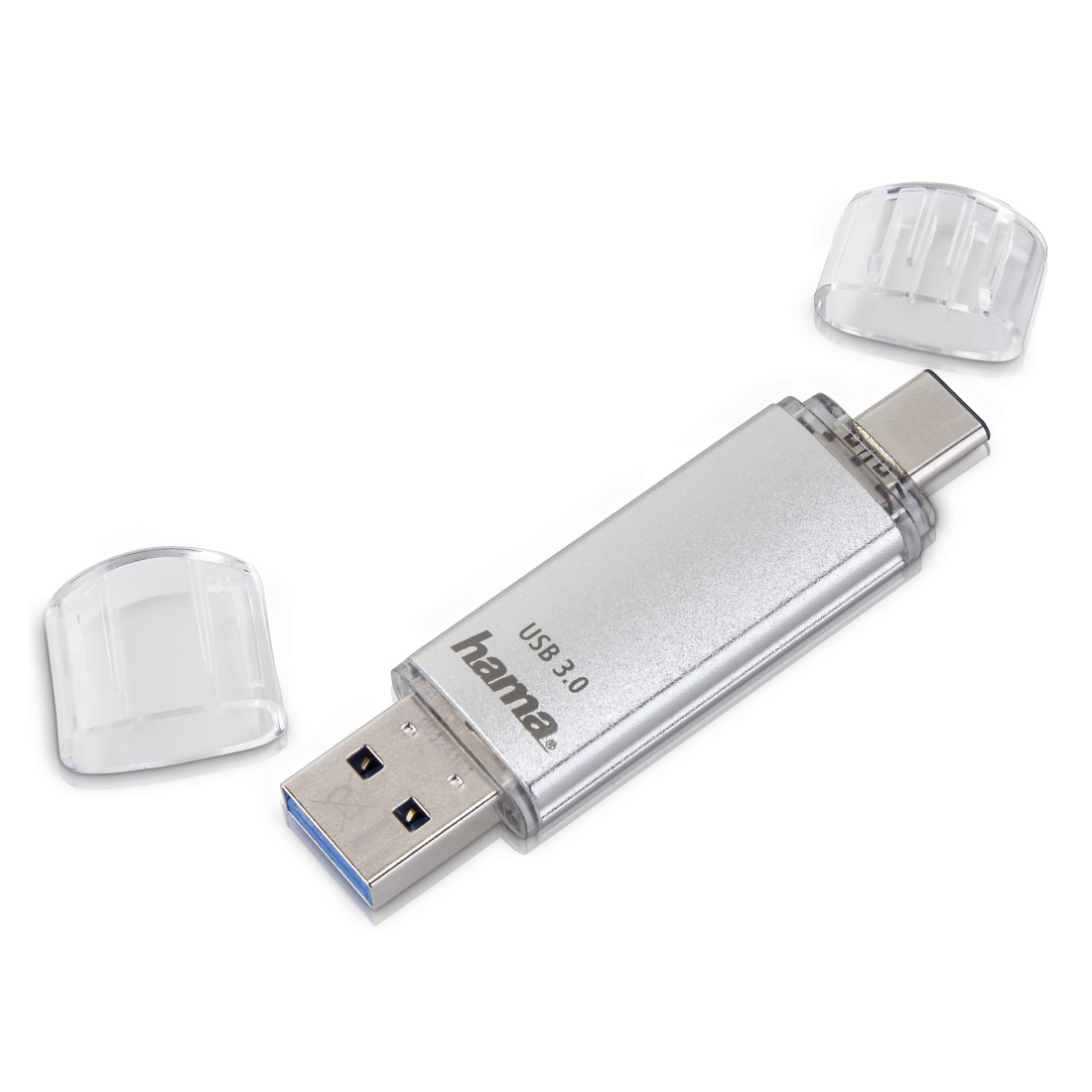 Ein silberner Hama USB 3.0 Stick mit zwei transparenten Kappen.
