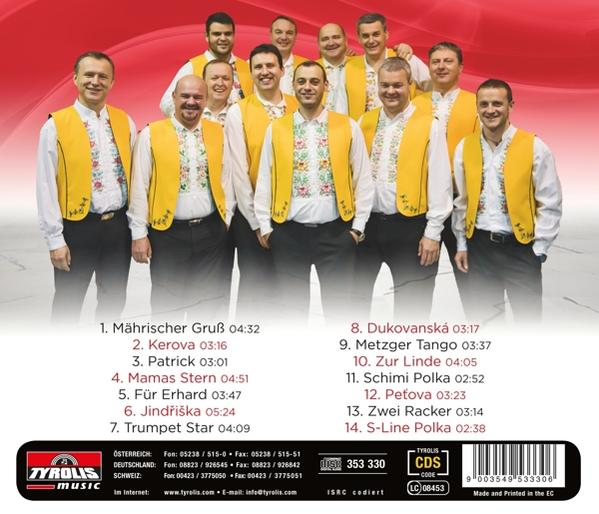 Rückseite eines CD-Covers mit einer Gruppe von Männern in gelben Westen und Songtiteln.
