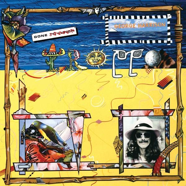 Albumcover: Kunstwerk mit verschiedenen Elementen, darunter eine Sonne, ein Kaktus und ein Foto von George Harrison.