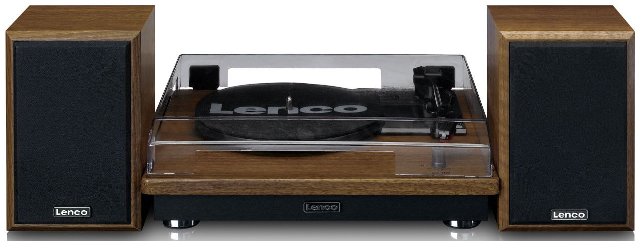 Platine vinyle avec deux enceintes, design en bois, fond blanc.