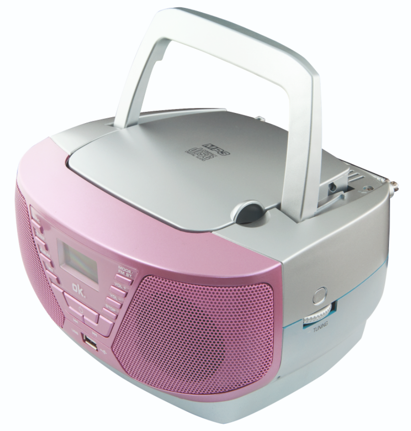 Pinker und silberner tragbarer CD-Player mit Griff. Mit Knöpfen und Drehrad. Isoliert auf weißem Hintergrund.