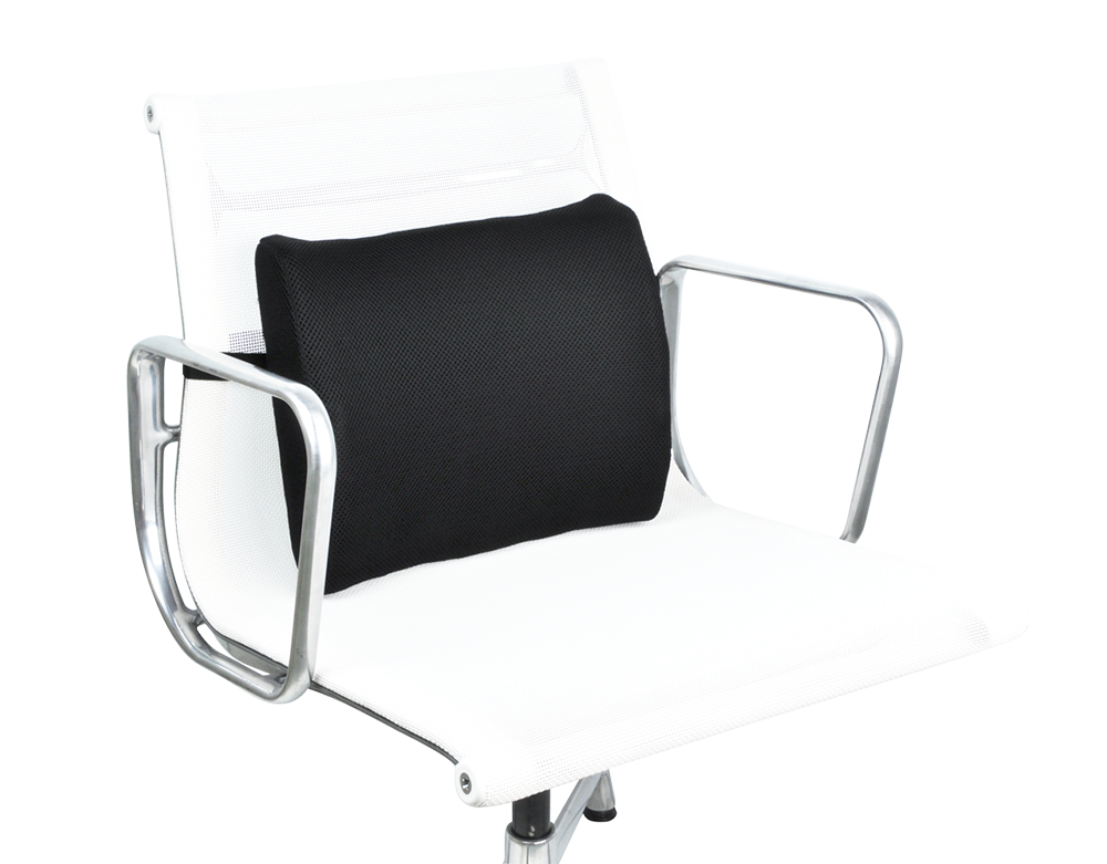 Een zwart lendenkussen op een witte stoel met een zilveren frame. Schuine weergave.