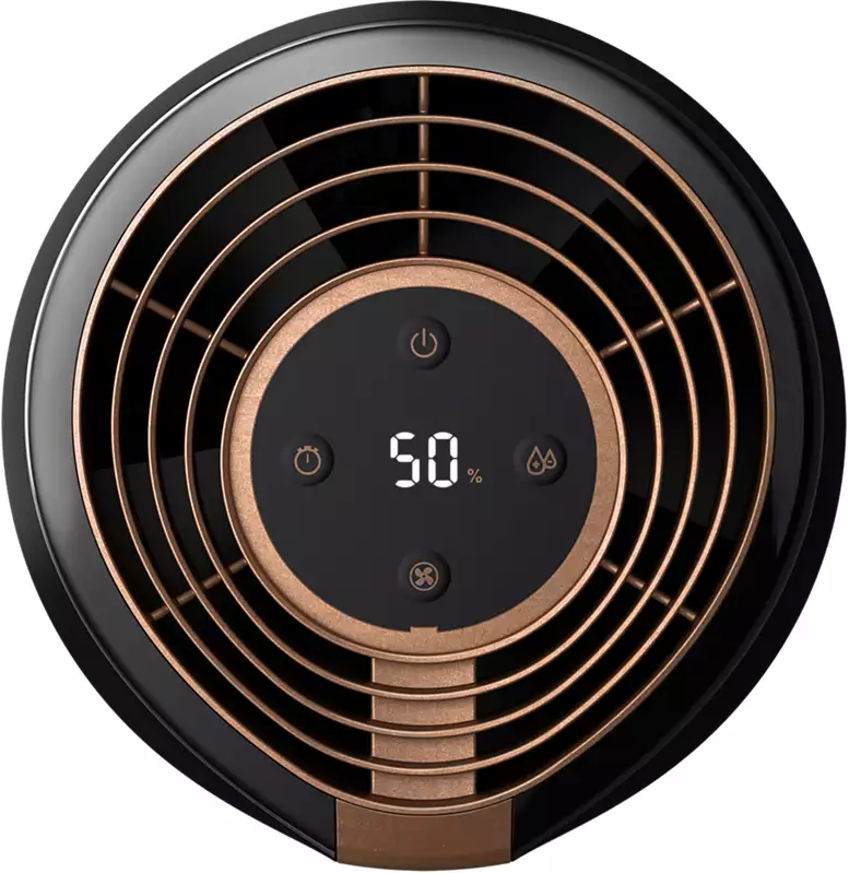 Umidificatore nero e rame, vista frontale. Display mostra 50%. Pale del ventilatore visibili.