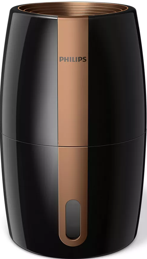 Un rasoio Philips nero e rame. Striscia verticale ramata al centro.