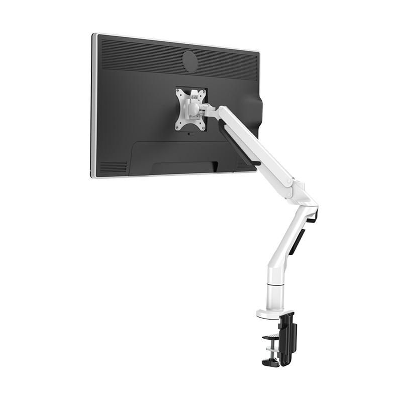 Monitor arm attached to a monitor. White and black colors, metal construction, clamp base.