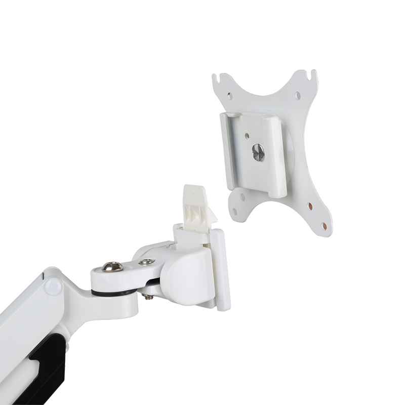 Close-up of monitor arm joints. White metal, screws, and a bracket for monitor attachment.