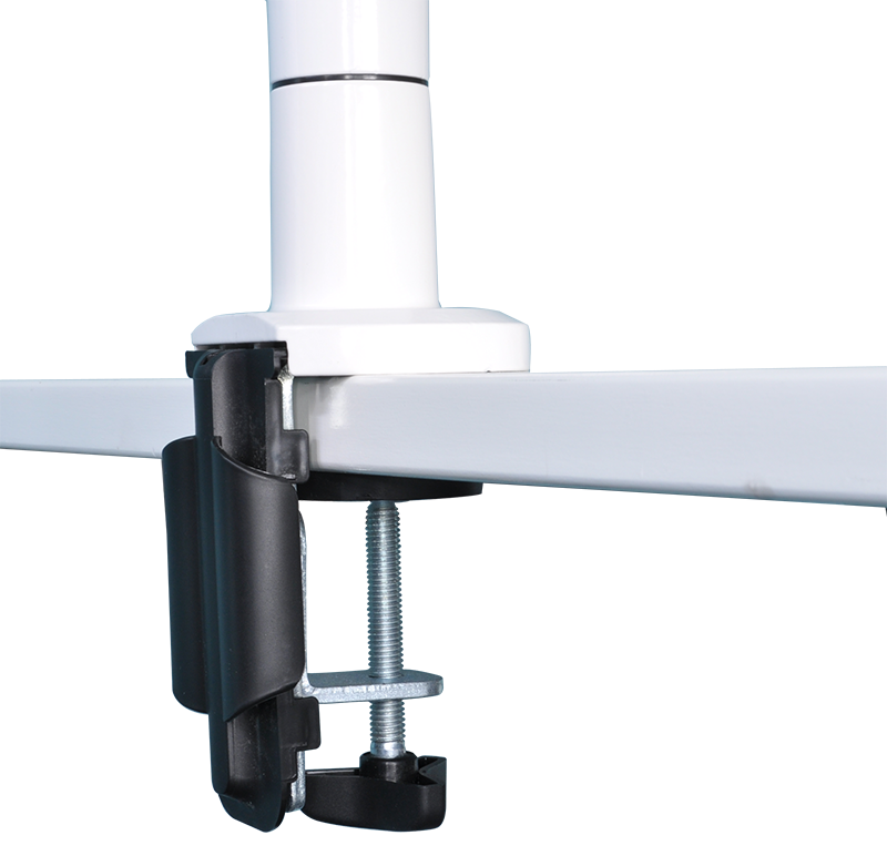 Close-up of monitor arm clamp. Black and white colors, screw mechanism, and a desk edge.