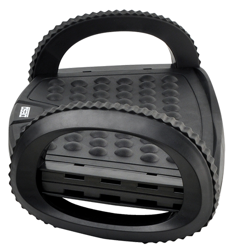 Black speaker with a handle and a round grill.
