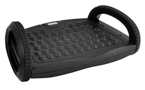 Black footrest with textured surface, two side wheels, and handle-like grip design.