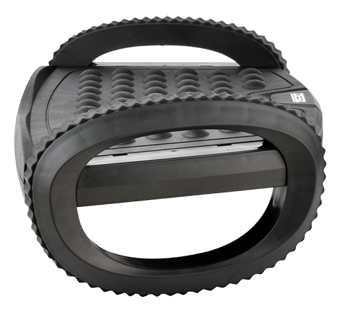 Black speaker with rounded design, featuring multiple holes and a handle.