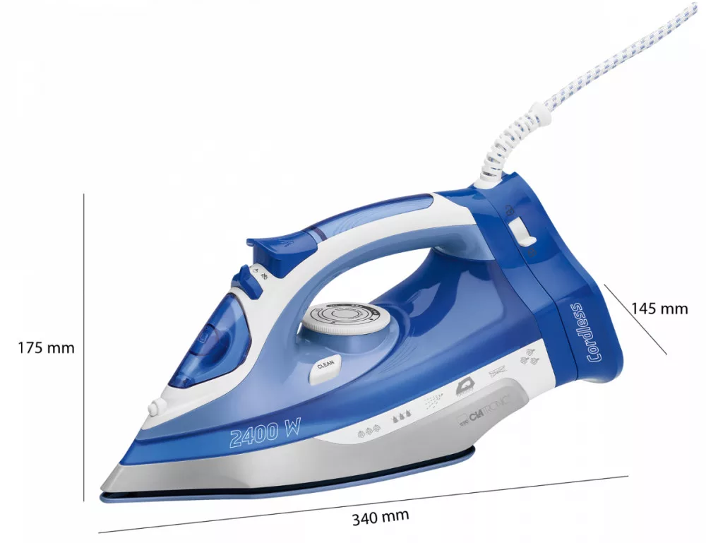 Kék-fehér vasaló, Cordless márka, 2400W, a méretek láthatók.