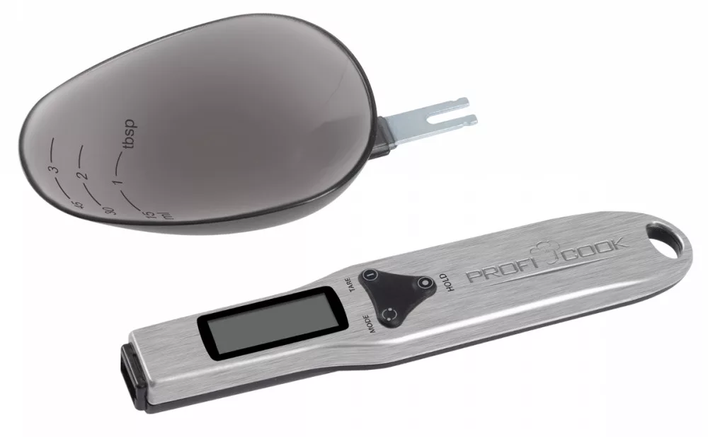Mérőkanál és digitális mérleg. Szürke szín, jelöléses kanál, digitális kijelző.