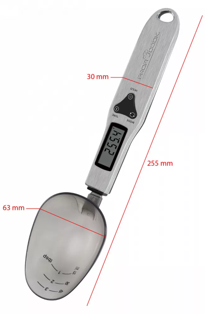 Digitális mérőkanál méretekkel és szöveggel, fehér háttéren.