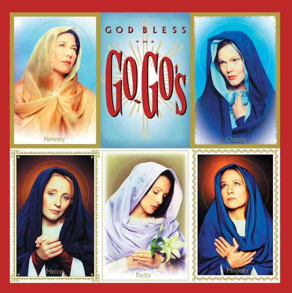 Un collage de six images de femmes avec des halos, représentant les vertus d'Honnêteté, etc. Le nom du groupe est visible.