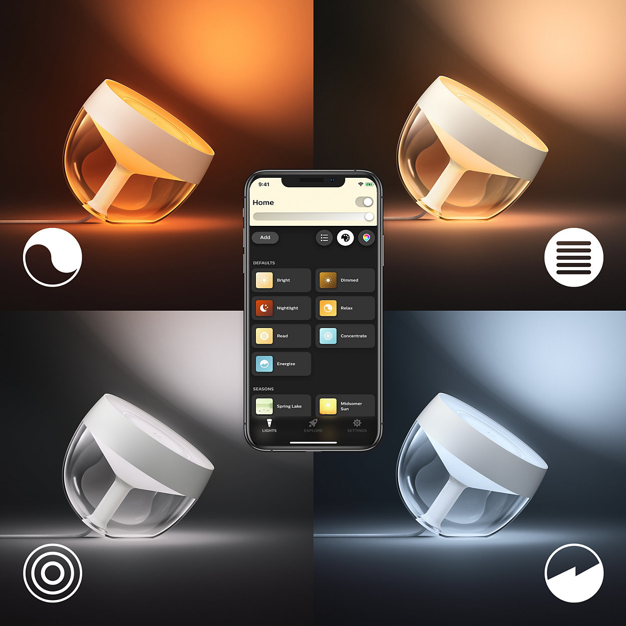 Intelligente Lampe mit App-Oberfläche, die verschiedene Lichteinstellungen und Farboptionen zeigt.