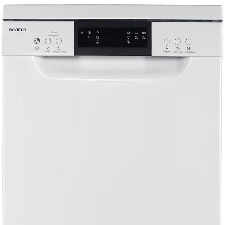Se muestra un lavavajillas Infinition blanco con un panel de control.
