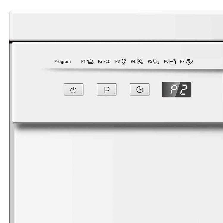 Panel de control del lavavajillas con botones de programa y pantalla con 'P2'.
