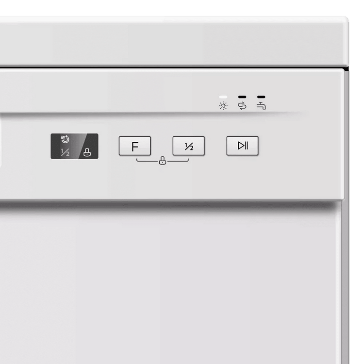 Panel de control blanco del lavavajillas con botones y luces.