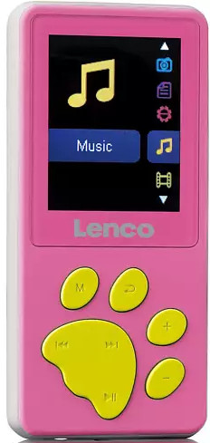 A pink MP3 player with a music note icon and paw-shaped controls on the front.