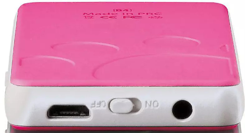 Pink and white MP3 player with ports for USB, on/off and earphones.
