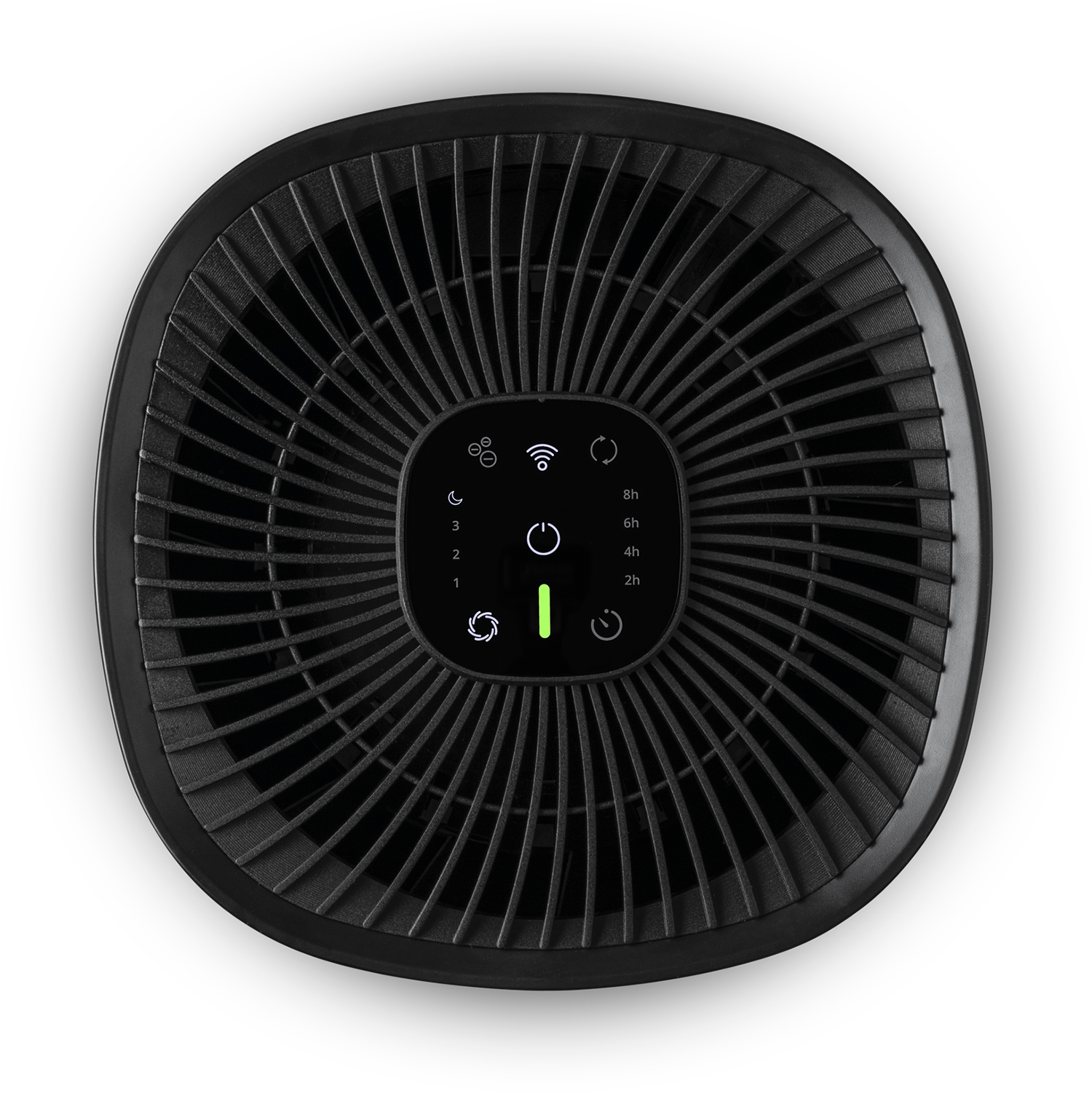 Bovenaanzicht van een zwarte luchtreiniger. Cirkelvormig ontwerp met ventilatieopeningen en bedieningspaneel.